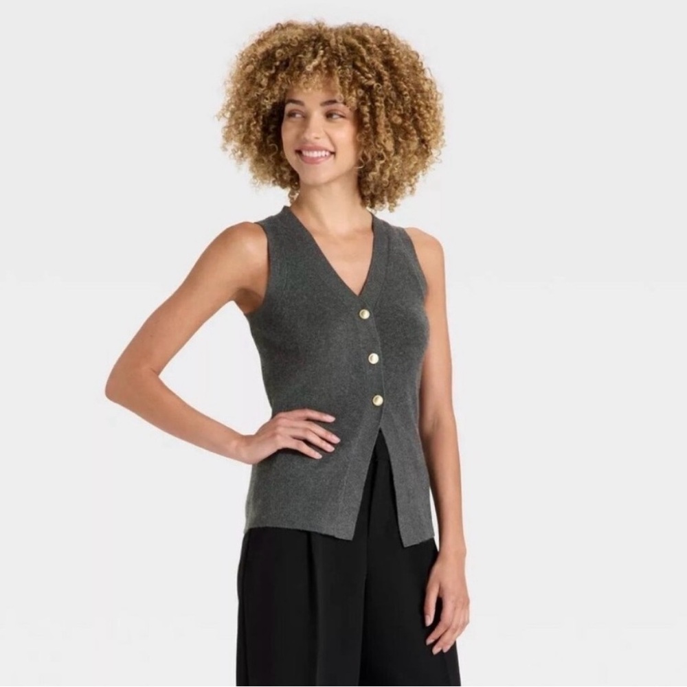 Grey Button-Front Knit Vest